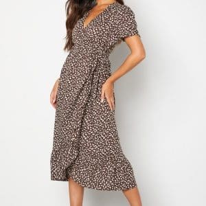 Happy Holly Evie puff sleeve wrap dress Brown / Patterned 32/34