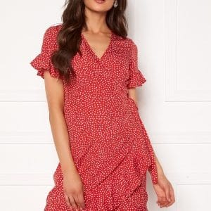 VERO MODA Henna 2/4 Wrap Frill Dress Goji Berry AOP:White XL