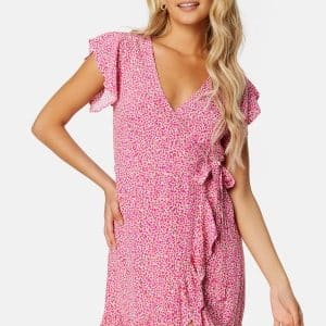 VILA Fini Wrap S/S Short Dress Pink Yarrow AOP:Alin 34