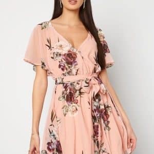 Goddiva Floral Flutter Dress Peach L (UK14)