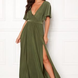 Goddiva Flutter Sleeve Maxi Dress Olive Green XXS (UK6)