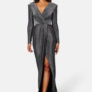 Goddiva Long Sleeve Glitter Maxi Dress Black/Silver XXS (UK6)