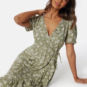 Happy Holly Evie Puff Sleeve Wrap Dress Care Khaki green/Patterned 48/50