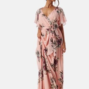 Goddiva Flutter Floral Maxi Dress Peach/Patterned XXS (UK6)