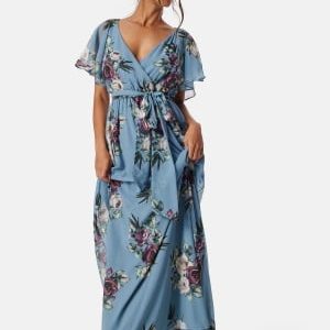 Goddiva Flutter Floral Maxi Dress Blue S (UK10)
