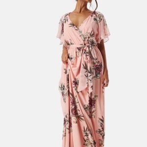 Goddiva Flutter Floral Maxi Dress Peach/Patterned XXL (UK18)