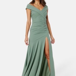 Goddiva Bardot Pleat Maxi Split Dress Light green XXS (UK6)