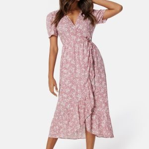 Happy Holly Evie Puff Sleeve Midi Wrap Dress Dusty pink/Patterned 36/38