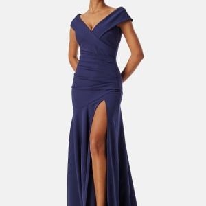 Goddiva Bardot Pleat Maxi Split Dress Dark blue XXL (UK18)