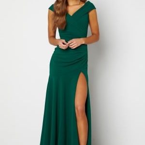 Goddiva Bardot Pleat Maxi Split Dress Green M (UK12)