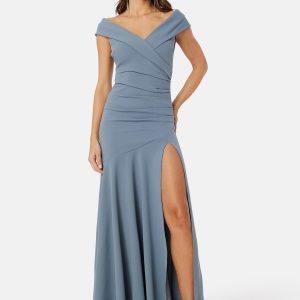 Goddiva Bardot Pleat Maxi Split Dress Light blue XL (UK16)