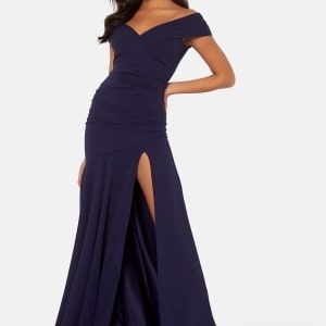 Goddiva Bardot Pleat Maxi Split Dress Navy M (UK12)