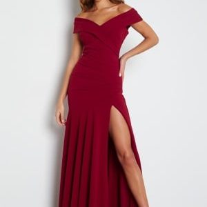 Goddiva Bardot Pleat Maxi Split Dress Wine-red L (UK14)