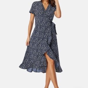 BUBBLEROOM Flounce Midi Wrap Dress Dark blue/Patterned XS