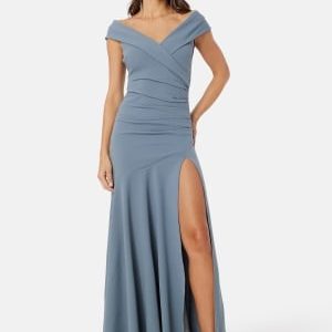 Goddiva Bardot Pleat Maxi Split Dress Light blue M (UK12)